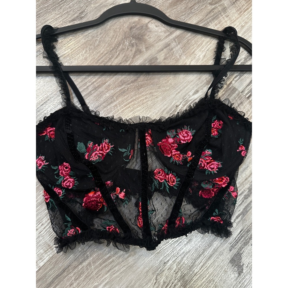 For Love & Lemons Black Red Rose Embroidered Mesh Corset Bustier Crop Top Medium - Picture 3 of 8